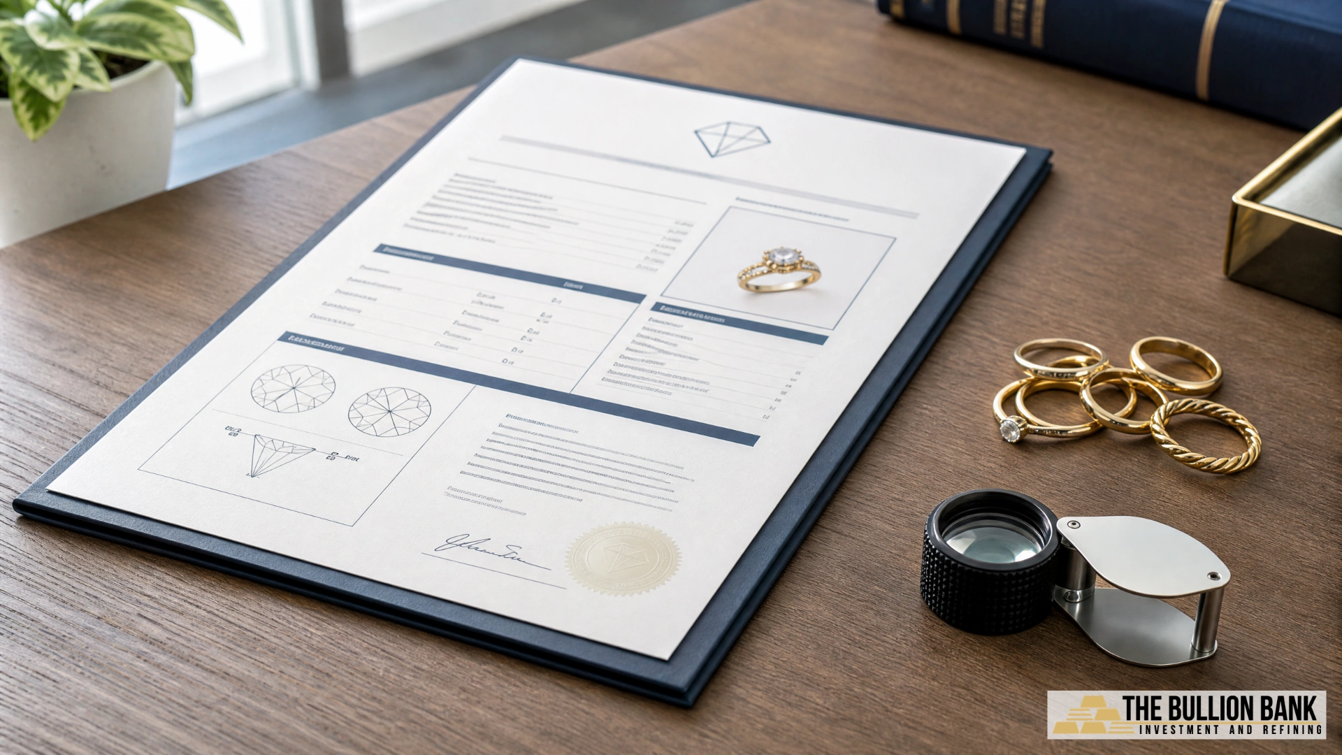 Professional appraisal document with jeweler loupe and gold rings