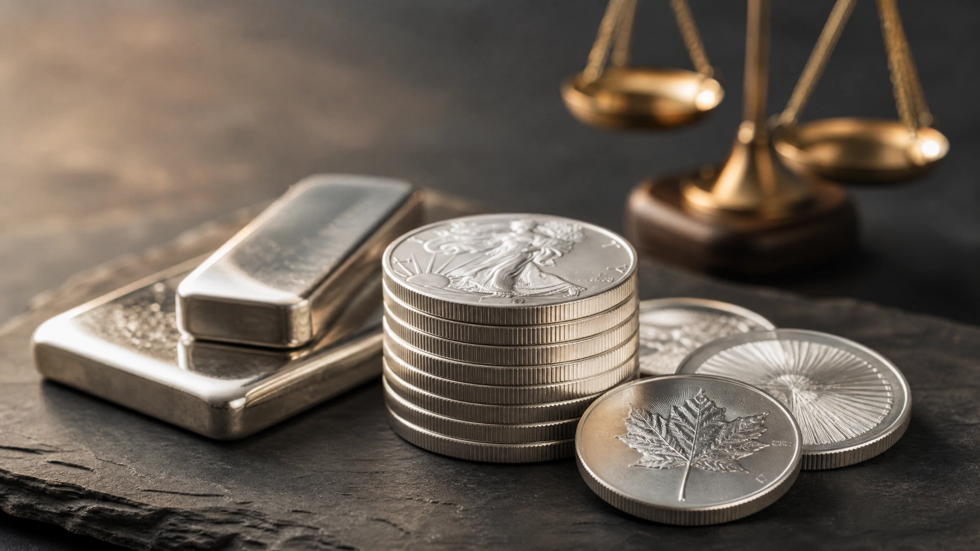 Stacks of one-ounce silver coins and silver bars with a balance scale in the background, representing the evaluation of silver purchases when the ratio is high