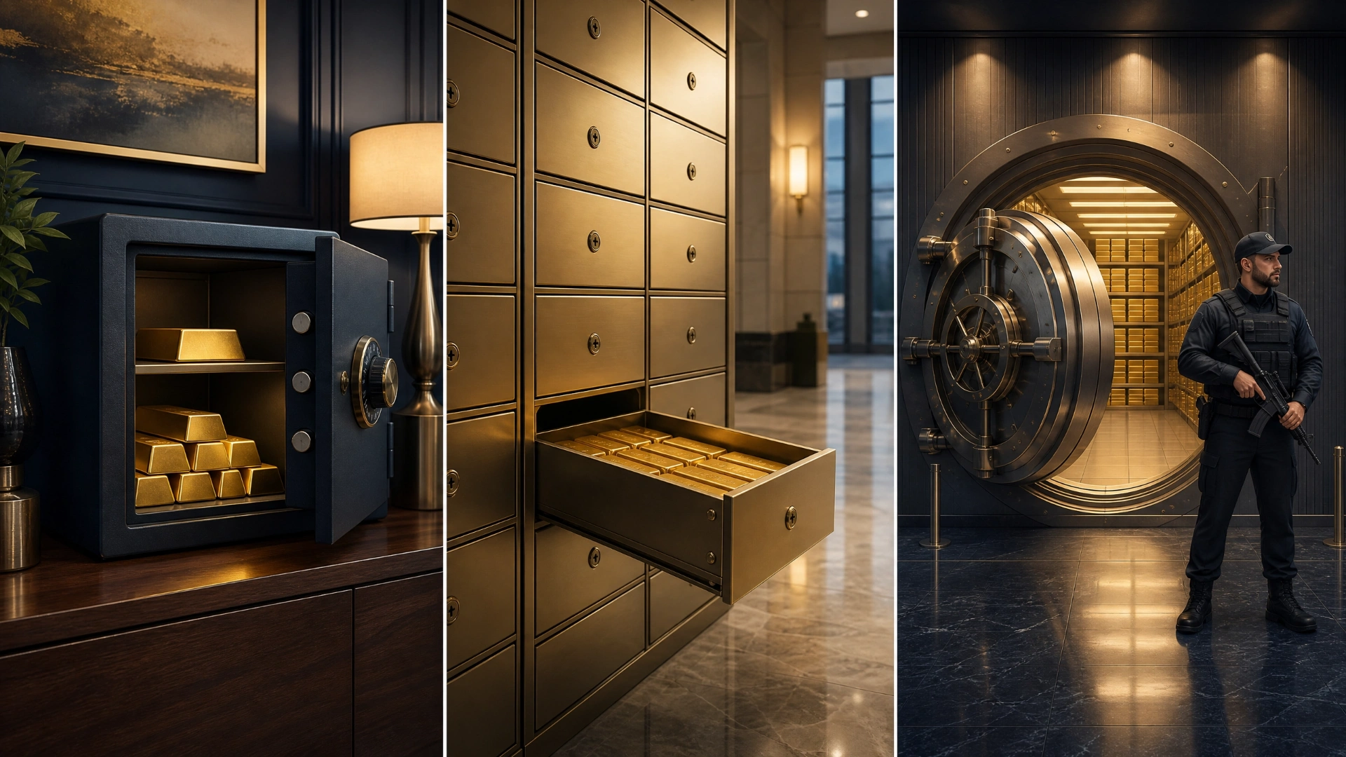Secure gold storage options including home safe, bank safety deposit box, and professional private vault