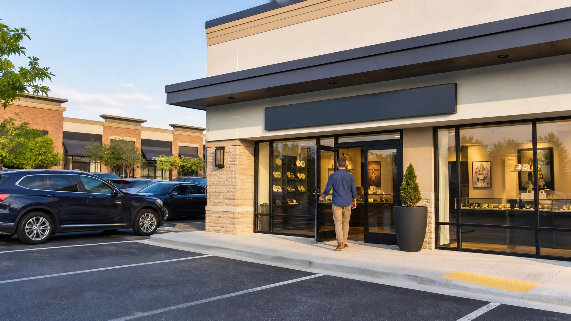 Person entering a modern precious metals and coin store in a Northern Virginia suburban strip mall setting