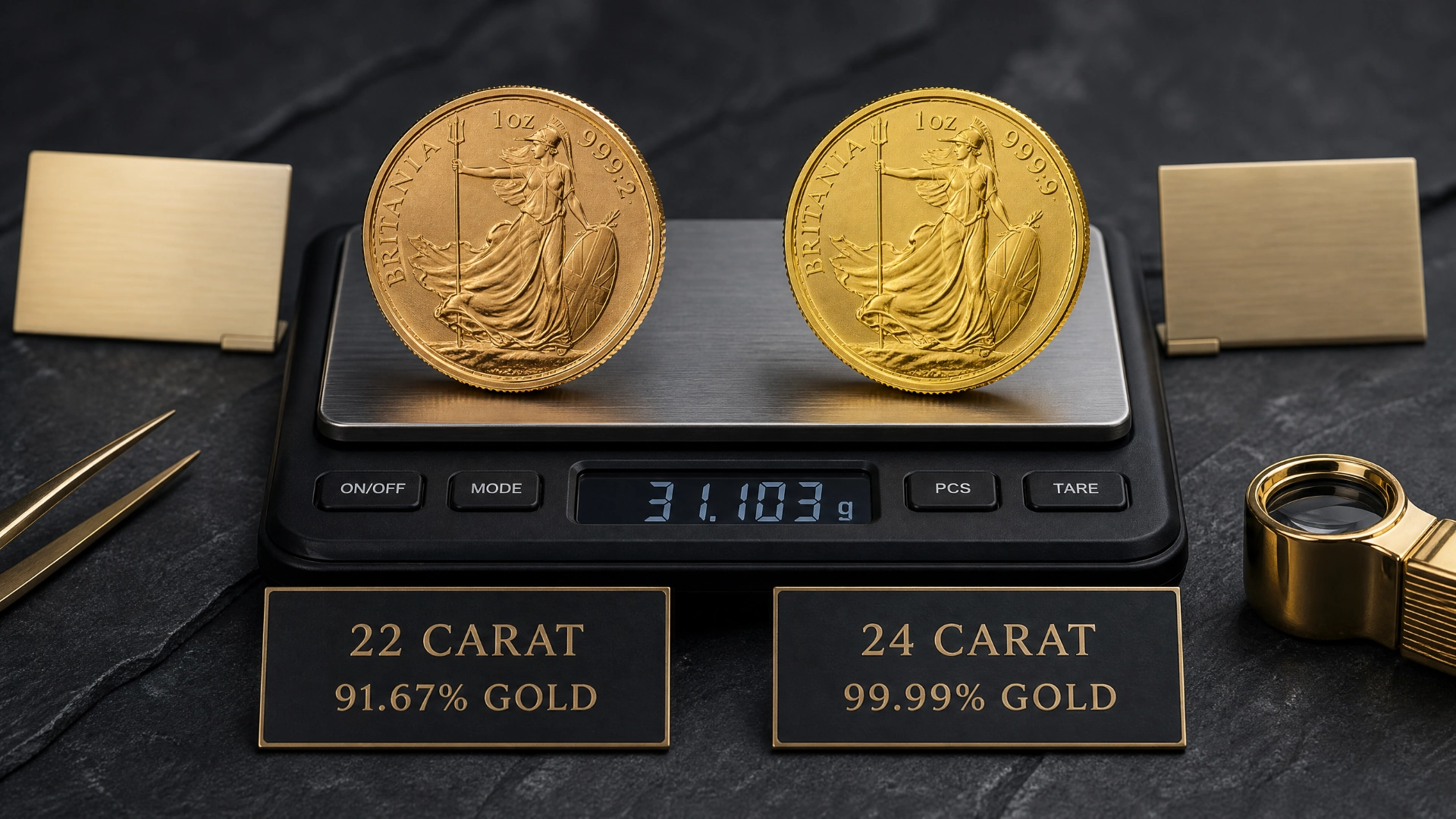 Two British gold bullion coins shown on a precision scale to illustrate the difference between 22 carat and 24 carat Britannias