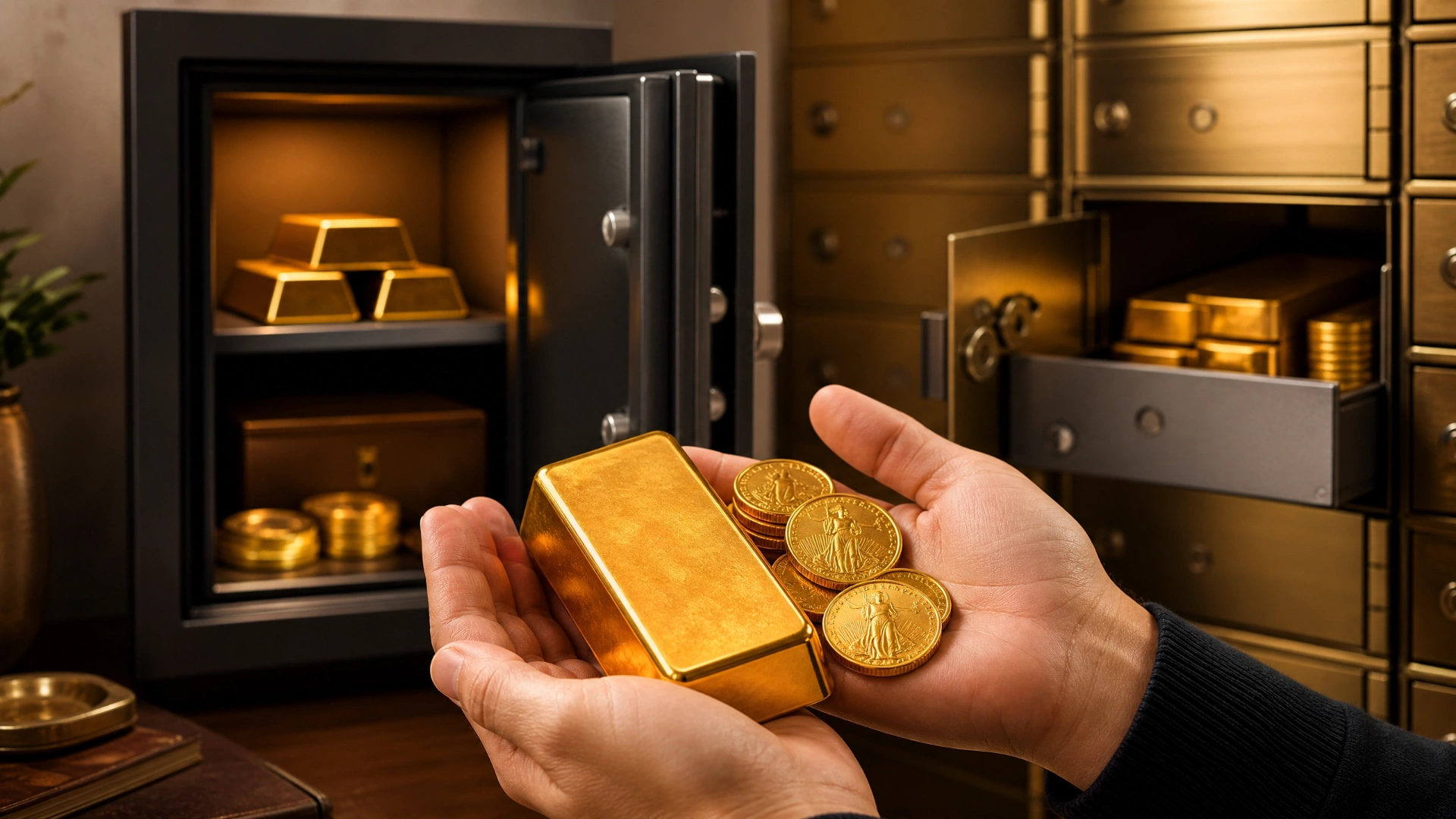 Physical gold ownership with bullion bars and coins in hands, with home safe and bank safety deposit boxes