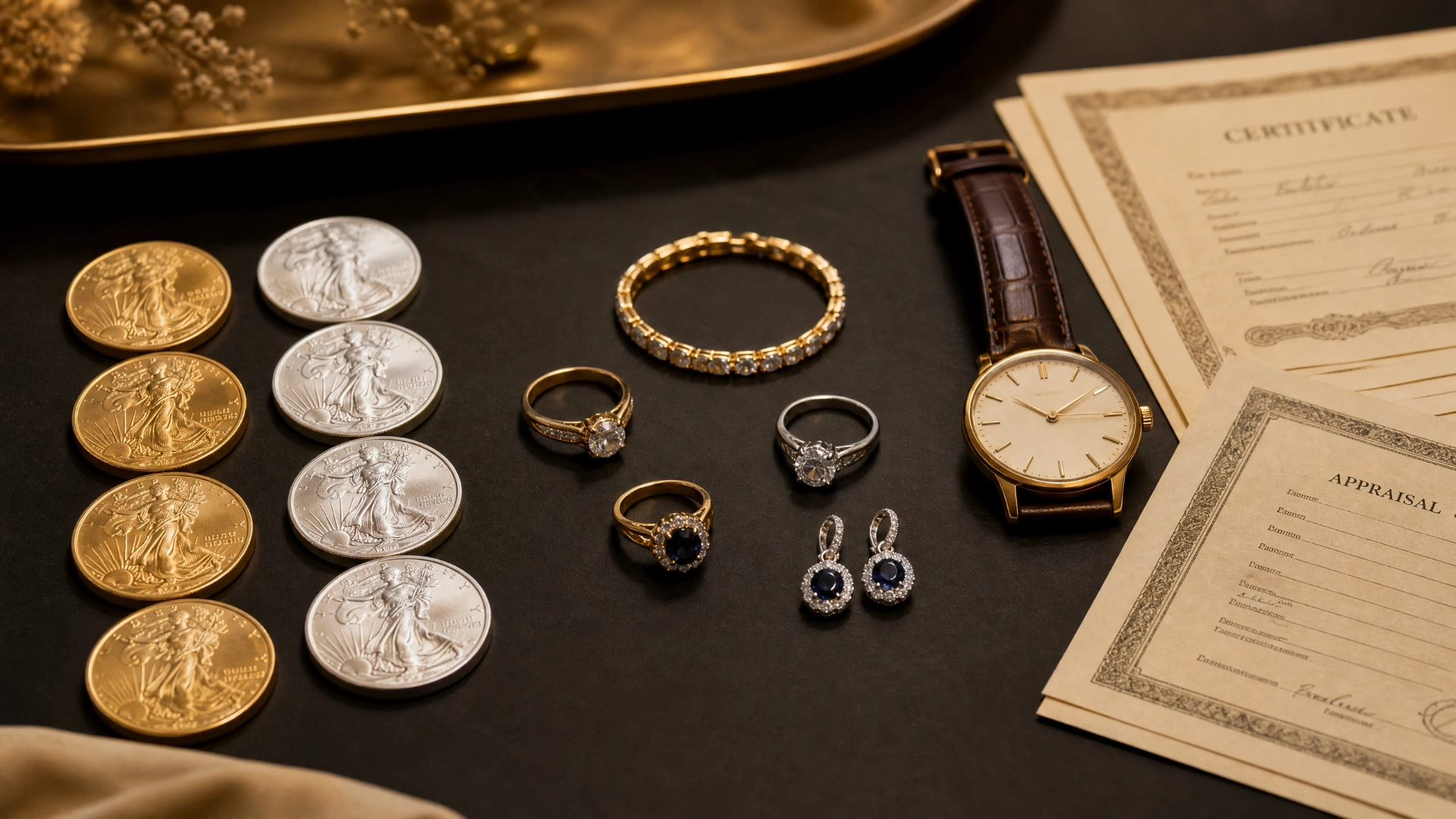 Sorted categories of inherited valuables: bullion coins, estate jewelry, a watch, and appraisal documents arranged on a dark surface