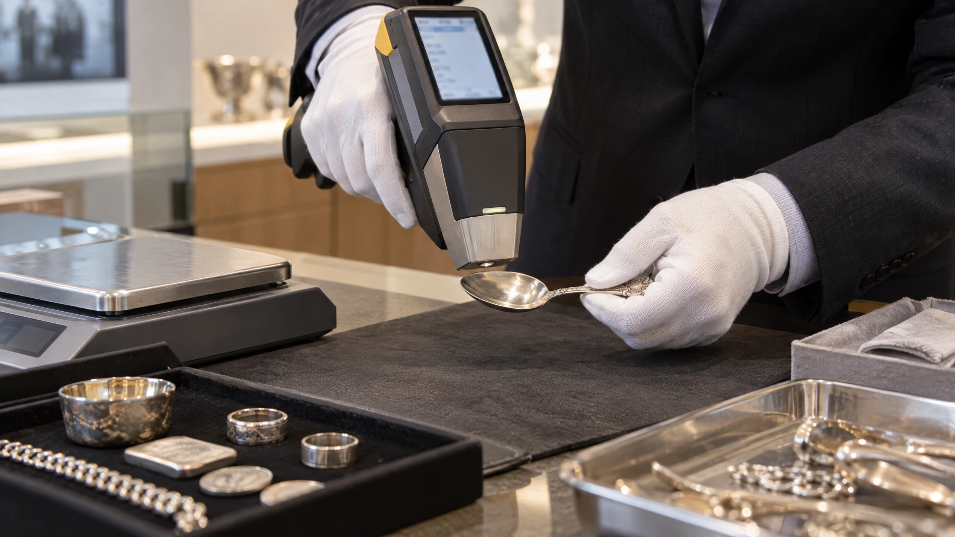 Gloved hands placing a silver spoon under a handheld X-ray fluorescence analyzer at an appraisal counter