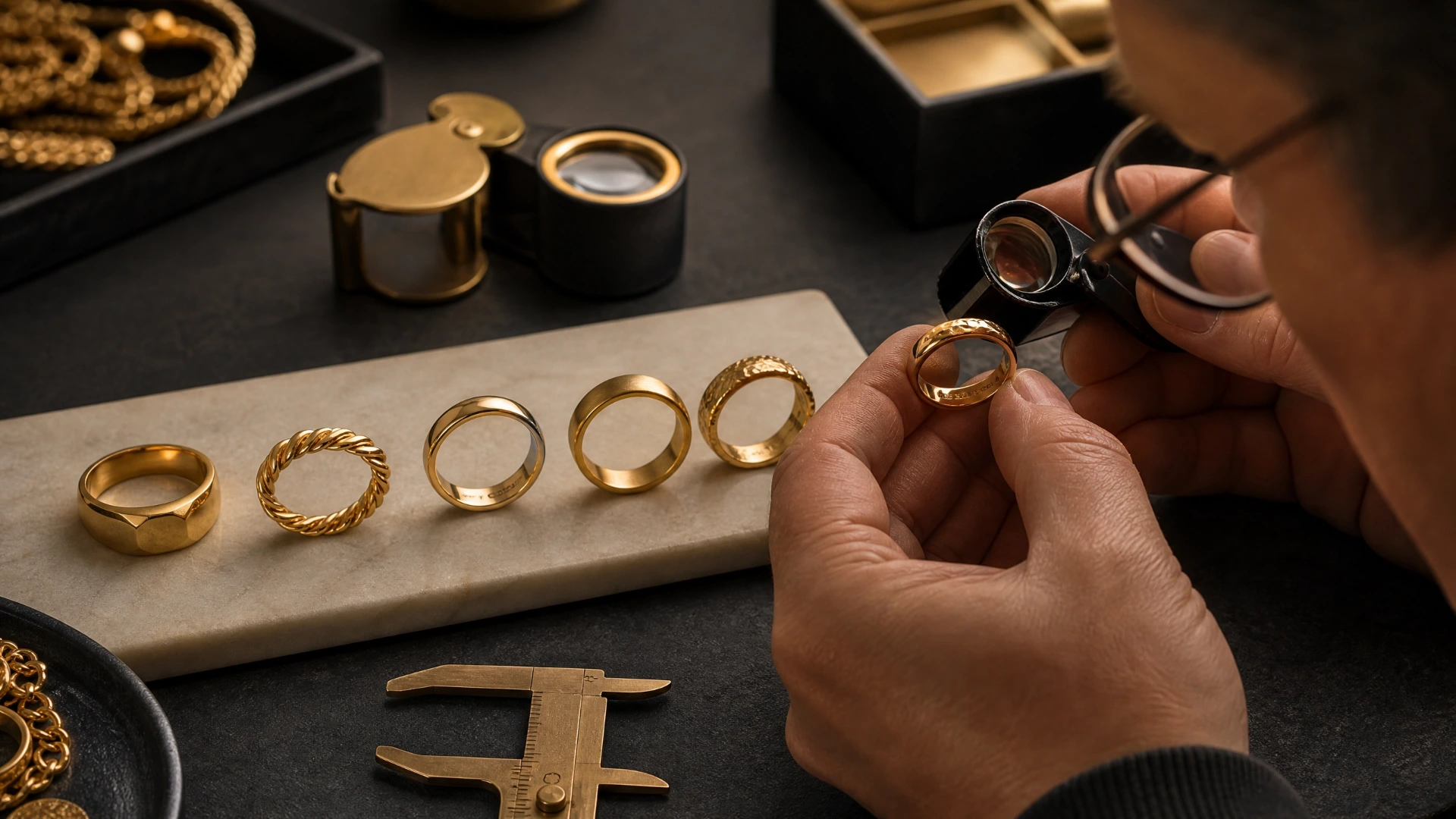 A jeweller examining purity hallmarks inside gold rings with a loupe