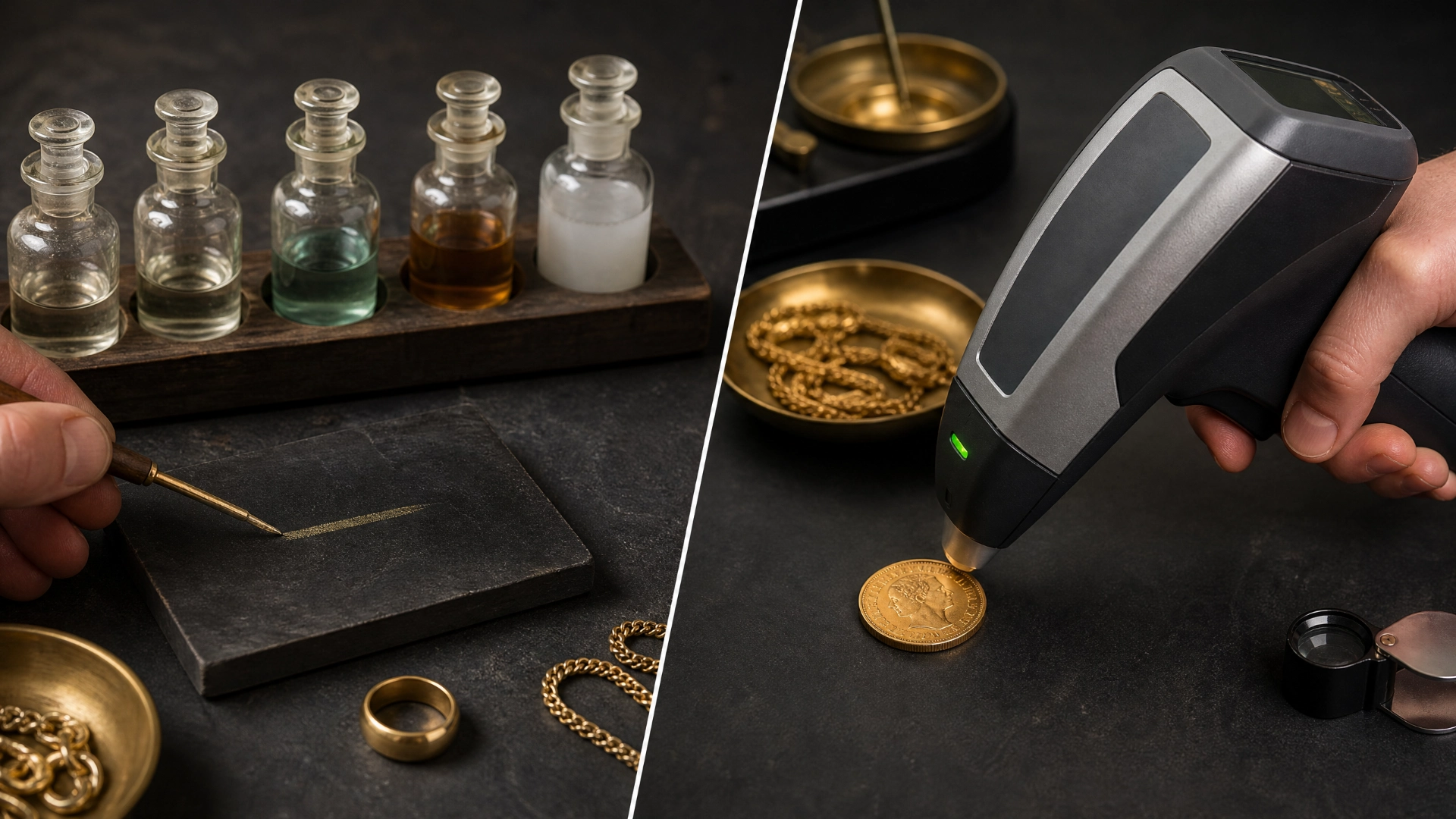 Touchstone and acid-testing materials beside a handheld XRF analyzer testing a coin