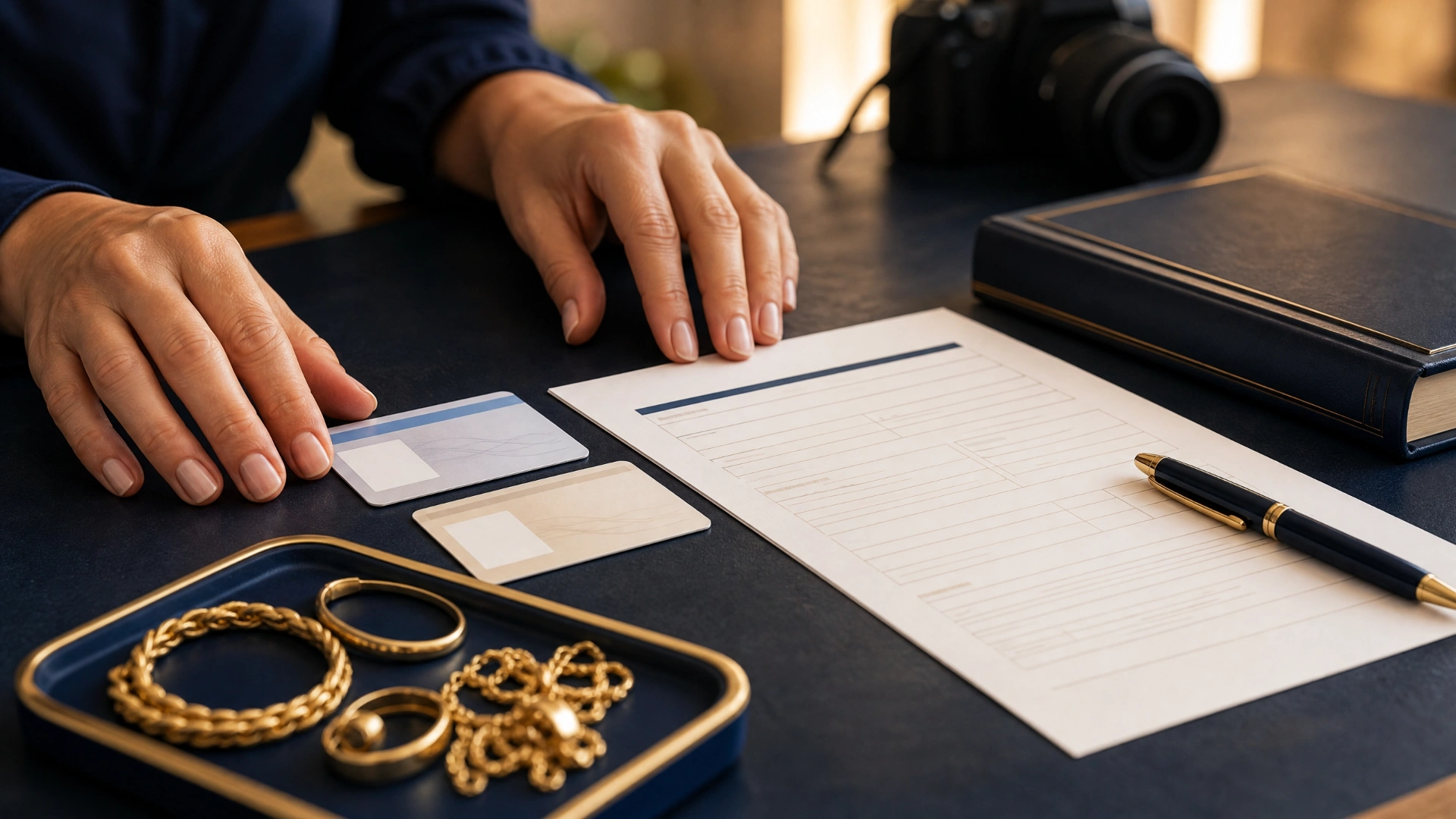 Unexpired photo identification, a second identification document, a generic bill of sale and gold jewelry on a counter