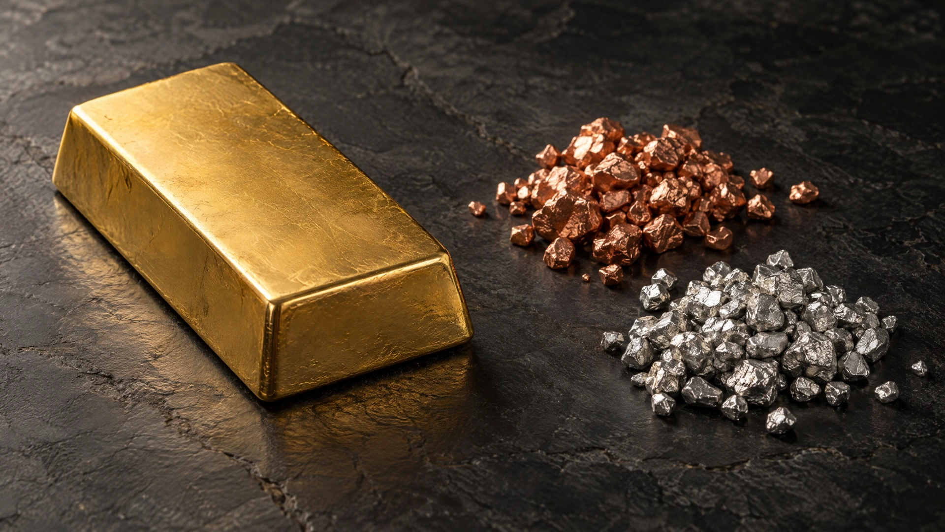An unmarked gold bar alongside separate copper and silver metal granules, illustrating the difference between pure gold and an alloy.