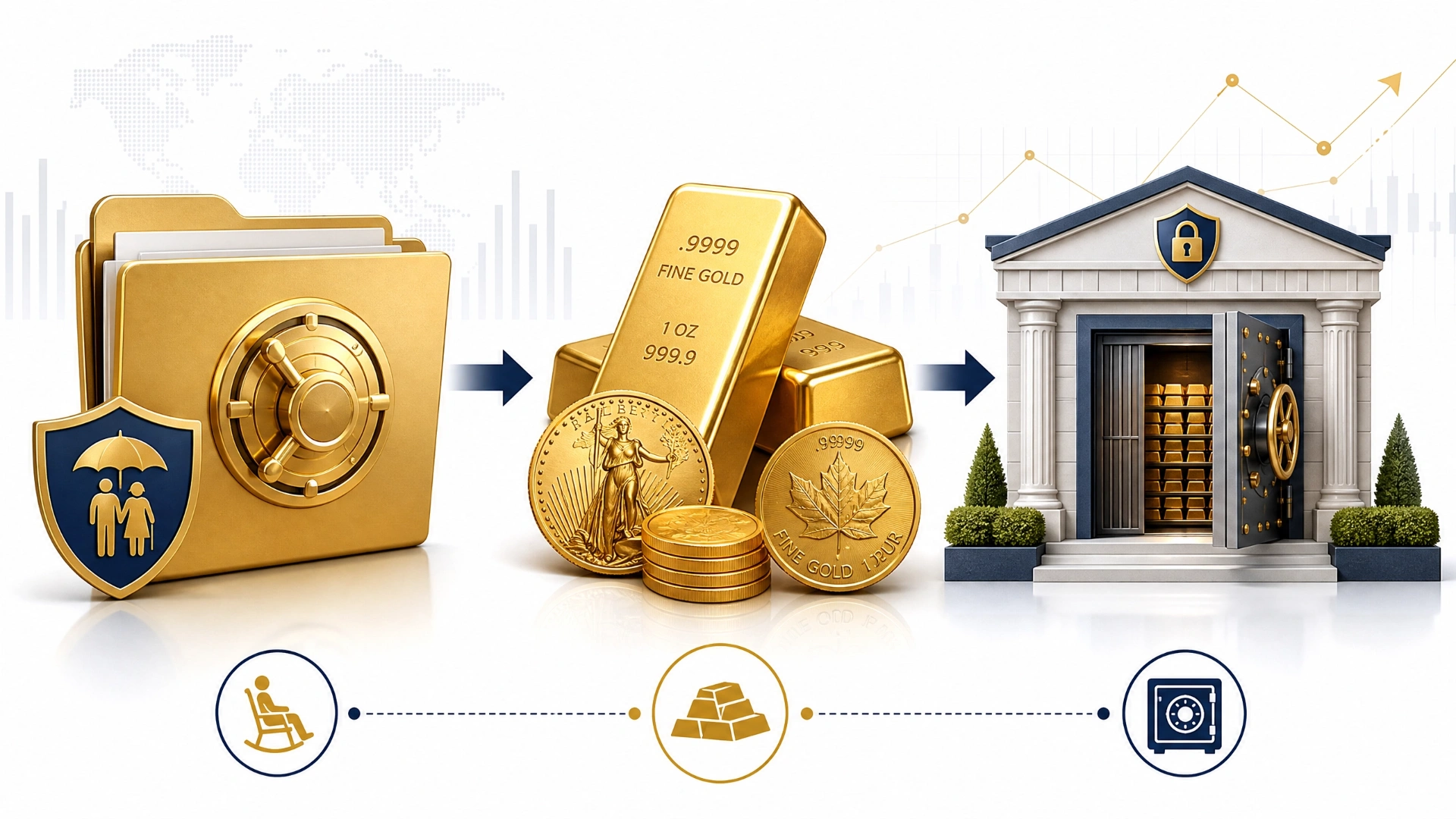 Gold IRA retirement account with IRS-approved precious metals stored in a qualified depository