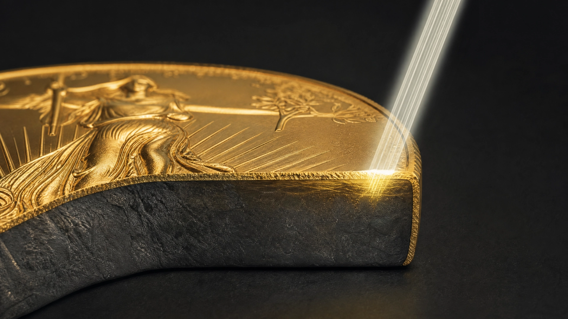 Conceptual cutaway of an X-ray beam measuring the thin surface layer of a gold coin