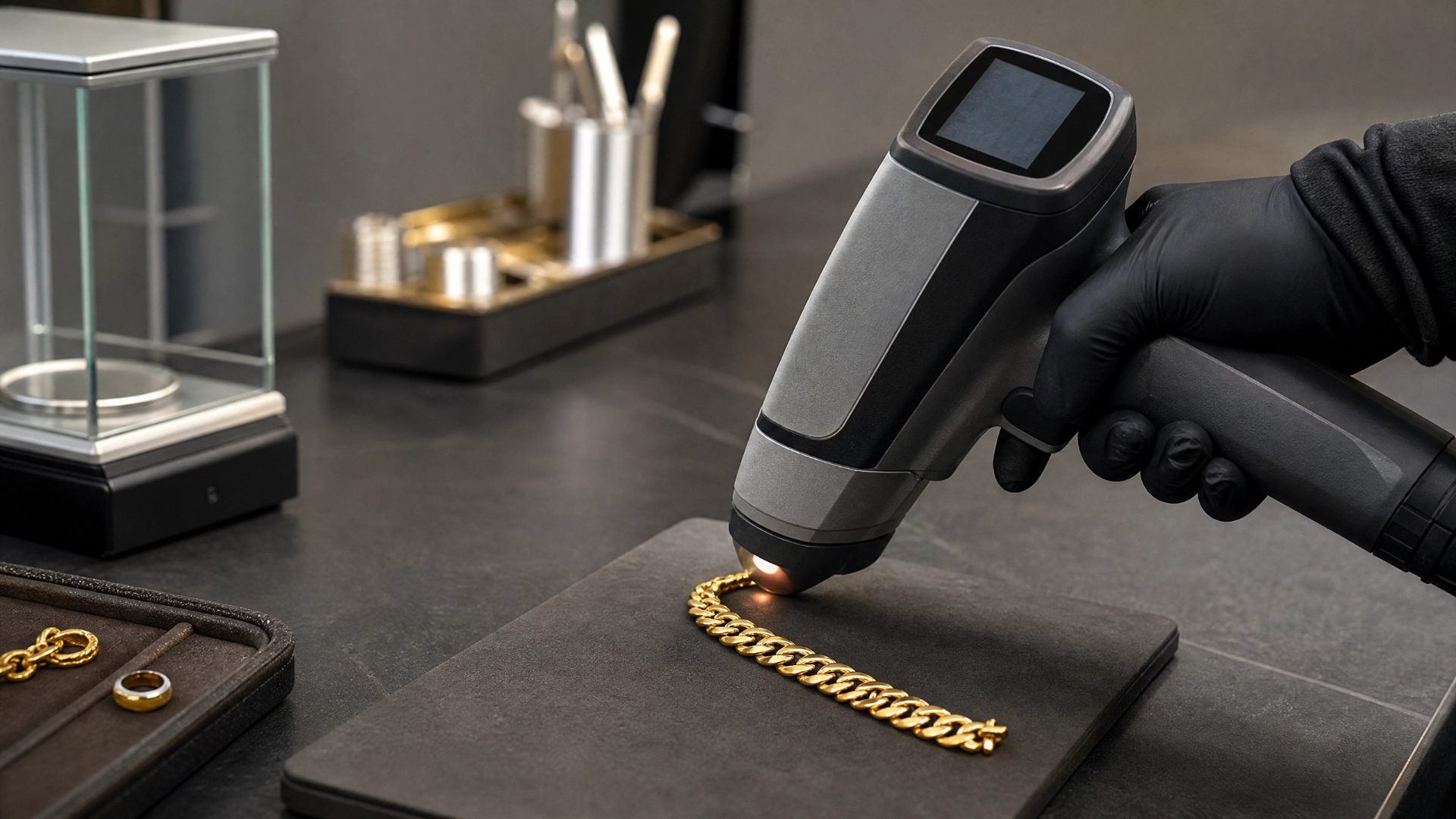 Handheld XRF analyzer measuring a gold chain on a testing bench