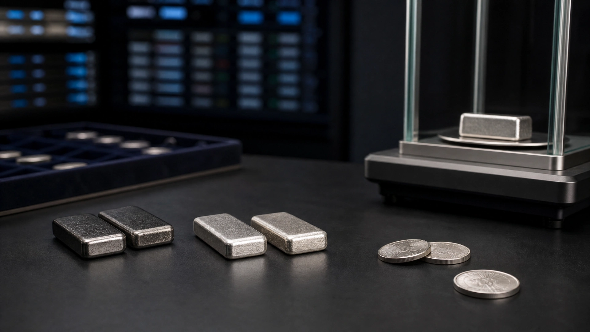 Small platinum and palladium bars and generic precious-metal coins on a dealer counter beside a precision balance