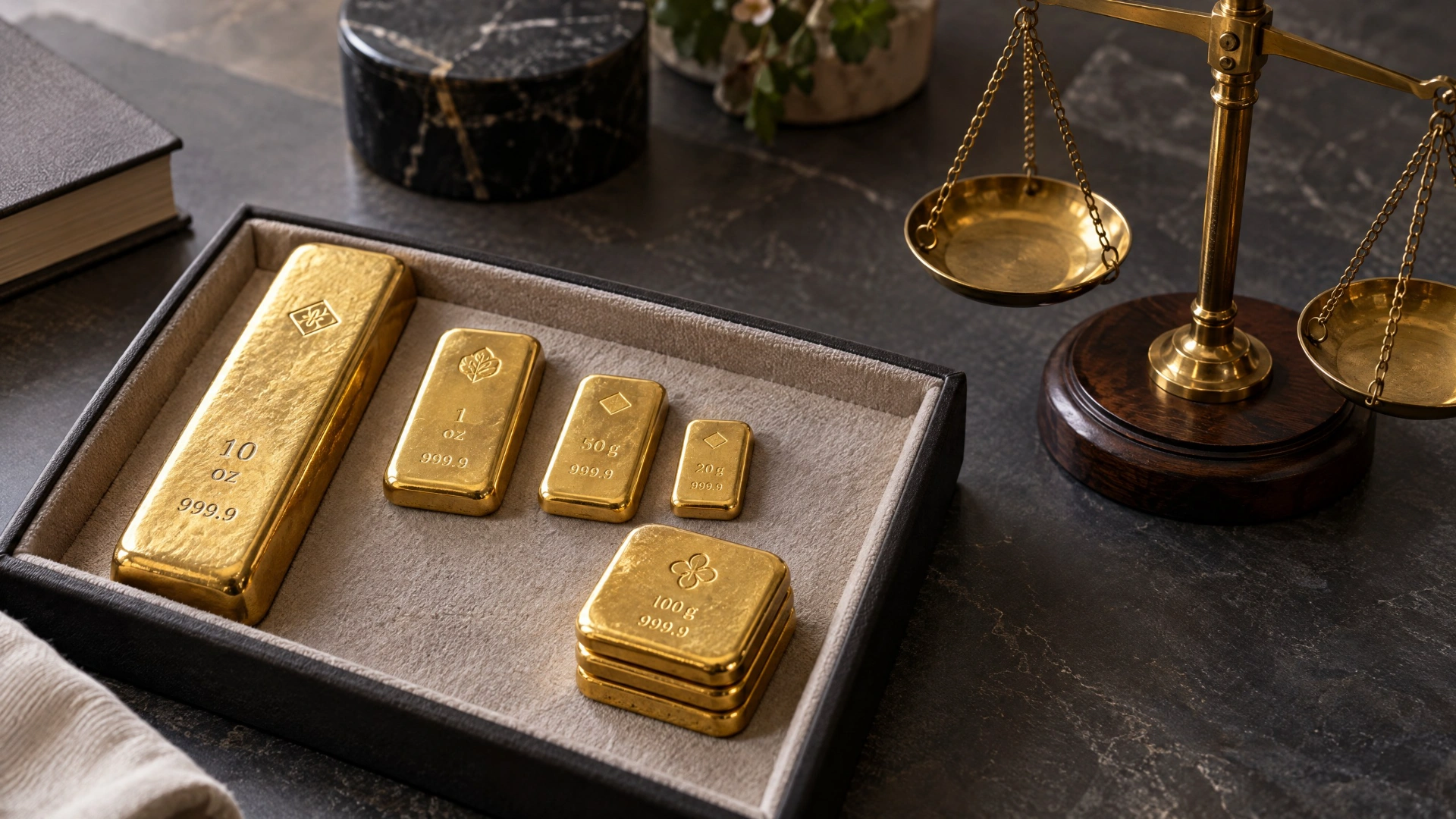 Finished gold bars in traditional sizes arranged beside a balance scale, illustrating regional bullion standards.