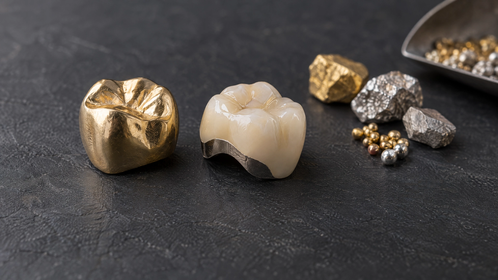 Generic cast and porcelain-fused-to-metal dental restorations alongside neutral alloy samples