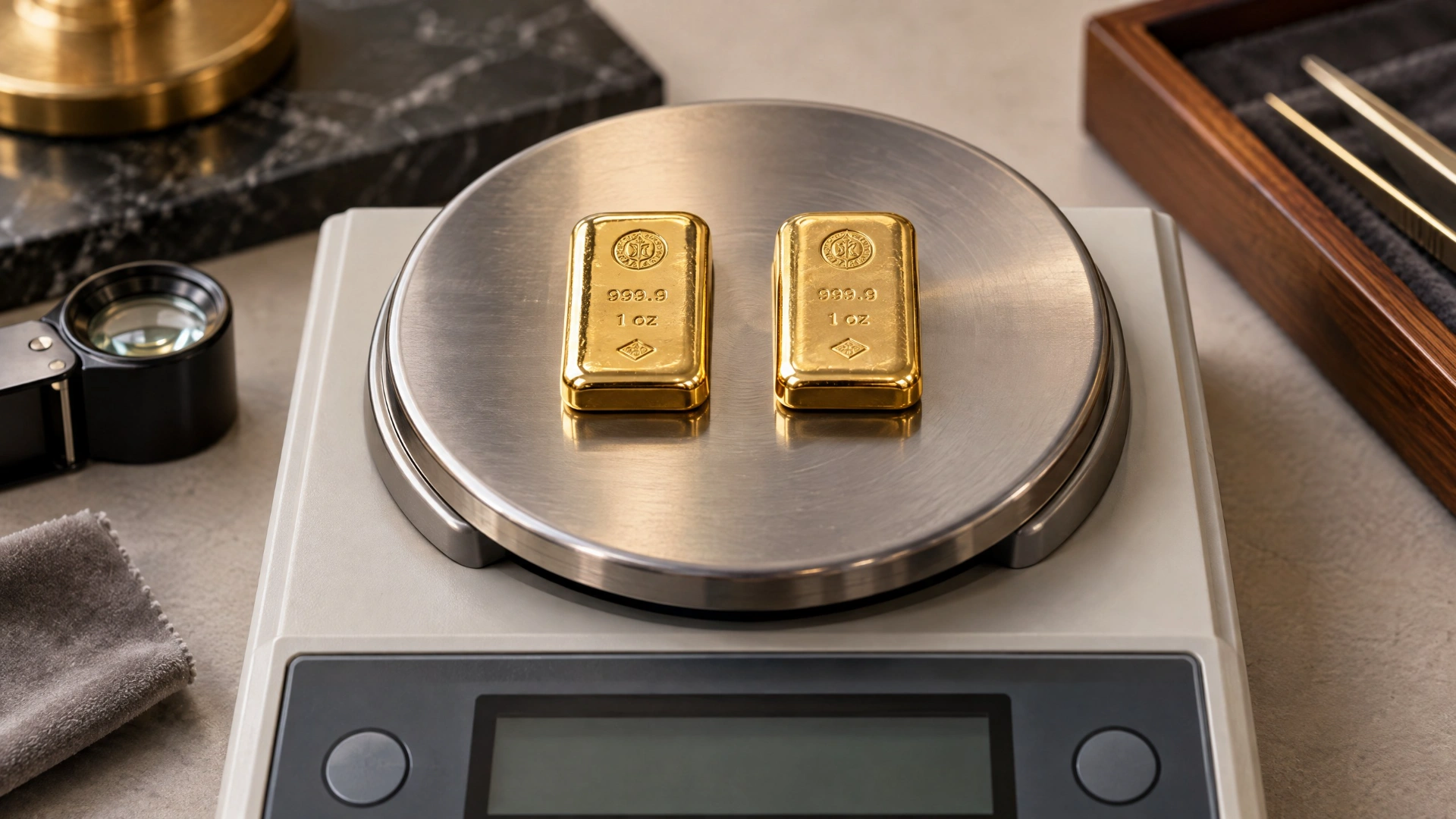 Two similar finished gold bars positioned on a precision balance, underscoring why a tael should be identified by its exact gram weight.